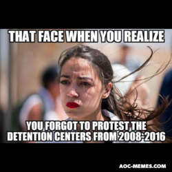 Alexandria Ocasio Cortez Obama illegal immegrant detention camp meme.jpg AoC Detention Camps protest Obama meme