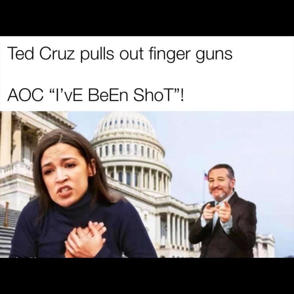 Alexandria Ocasio-Cortez acting like Ted Cruz shot her with his finger guns meme