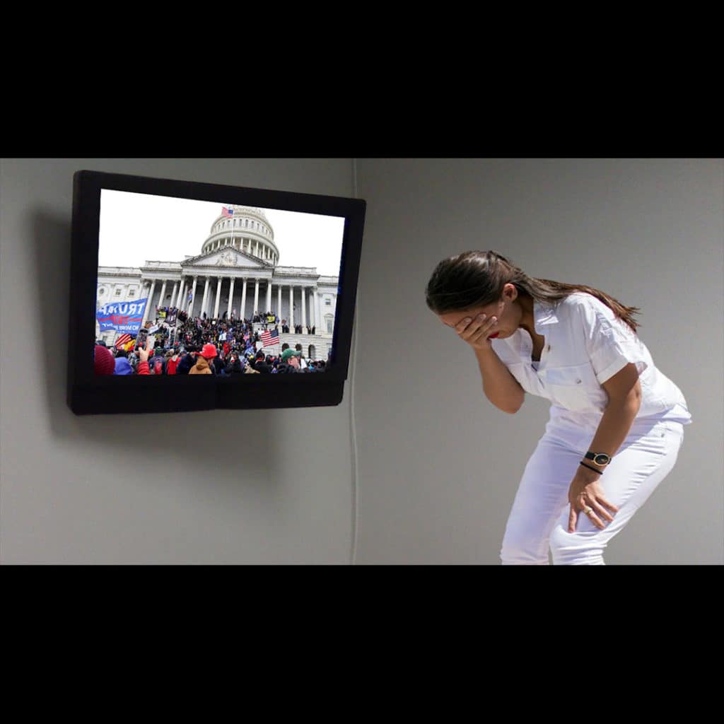 meme showing AOC upset over event on the TV